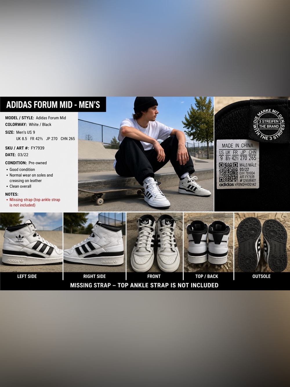 Adidas Forum Mid High Top Sneakers Men’s Size 9 White Black - Missing Strap